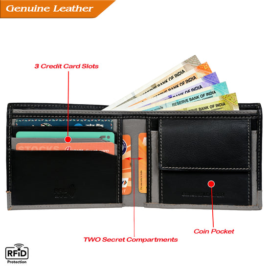 Bifold Leather Wallet For Men With RFID, 2 inner Cash Compartments, 3 Credit Card Slots with Coin pocket, 12.5x10.x3 cm (Black)