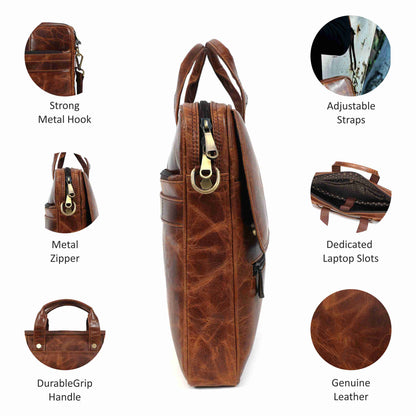 Mens Laptop Bag 16 Inch Vintage Leather, Shoulder Office Crossbody Bag With Ajustable Straps, 3 Zipper Pockets, 1 Flap Pocket, 2 Spacious Compartments.