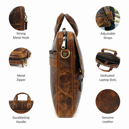 Mens Laptop Bag 16 Inch Vintage Leather, Shoulder Office Crossbody Bag With Ajustable Straps, 3 Zipper Pockets, 1 Flap Pocket, 2 Spacious Compartments.