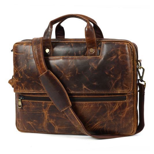 Mens Laptop Bag 16 Inch Vintage Leather, Shoulder Office Crossbody Bag With Ajustable Straps, 3 Zipper Pockets, 1 Flap Pocket, 2 Spacious Compartments.