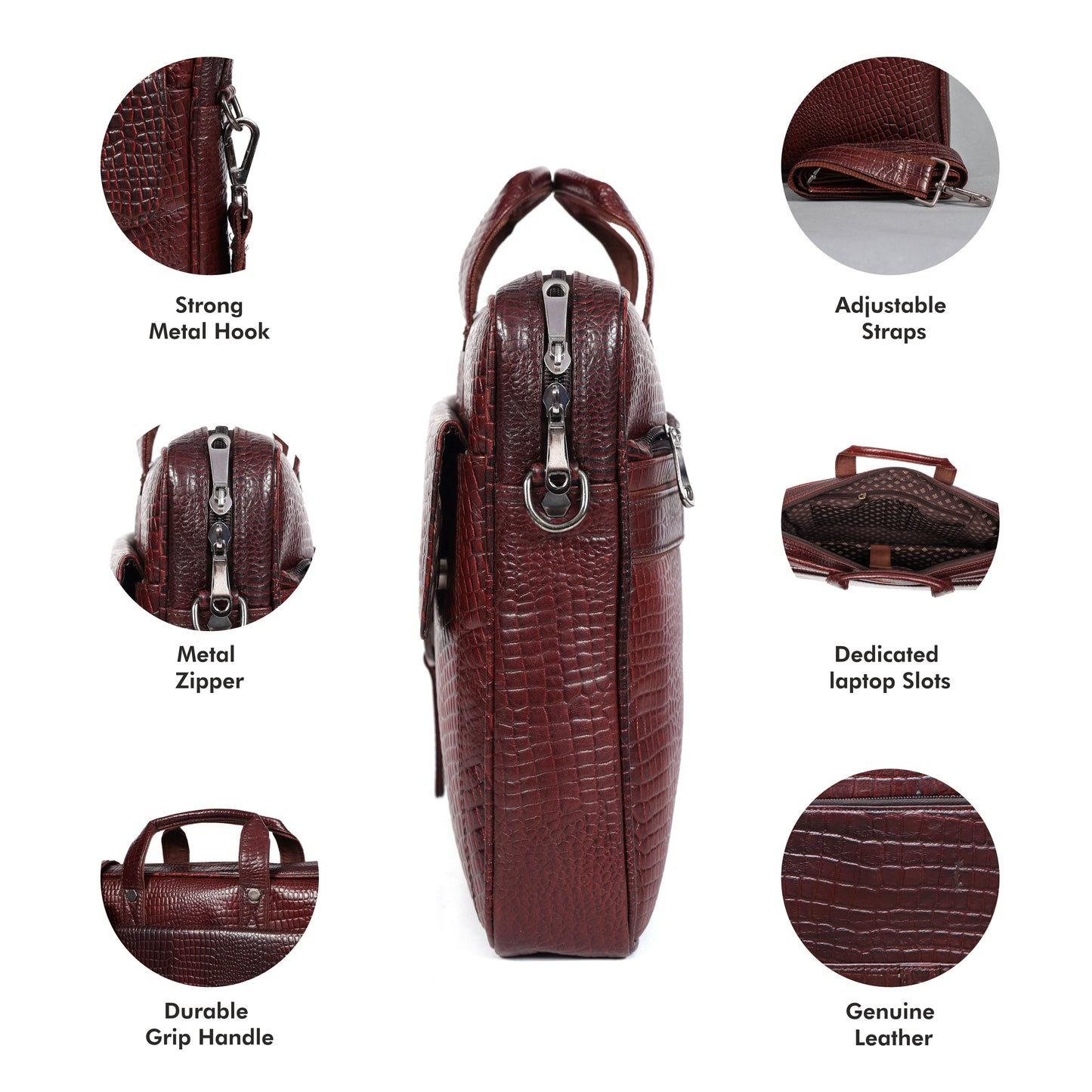 Crocodile Embossed leather bag for men, 5 Zipper Pockets with Spacious Compartments.,12 x 16 x 4 inches.