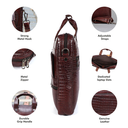 Crocodile Embossed leather bag for men, 5 Zipper Pockets with Spacious Compartments.,12 x 16 x 4 inches.