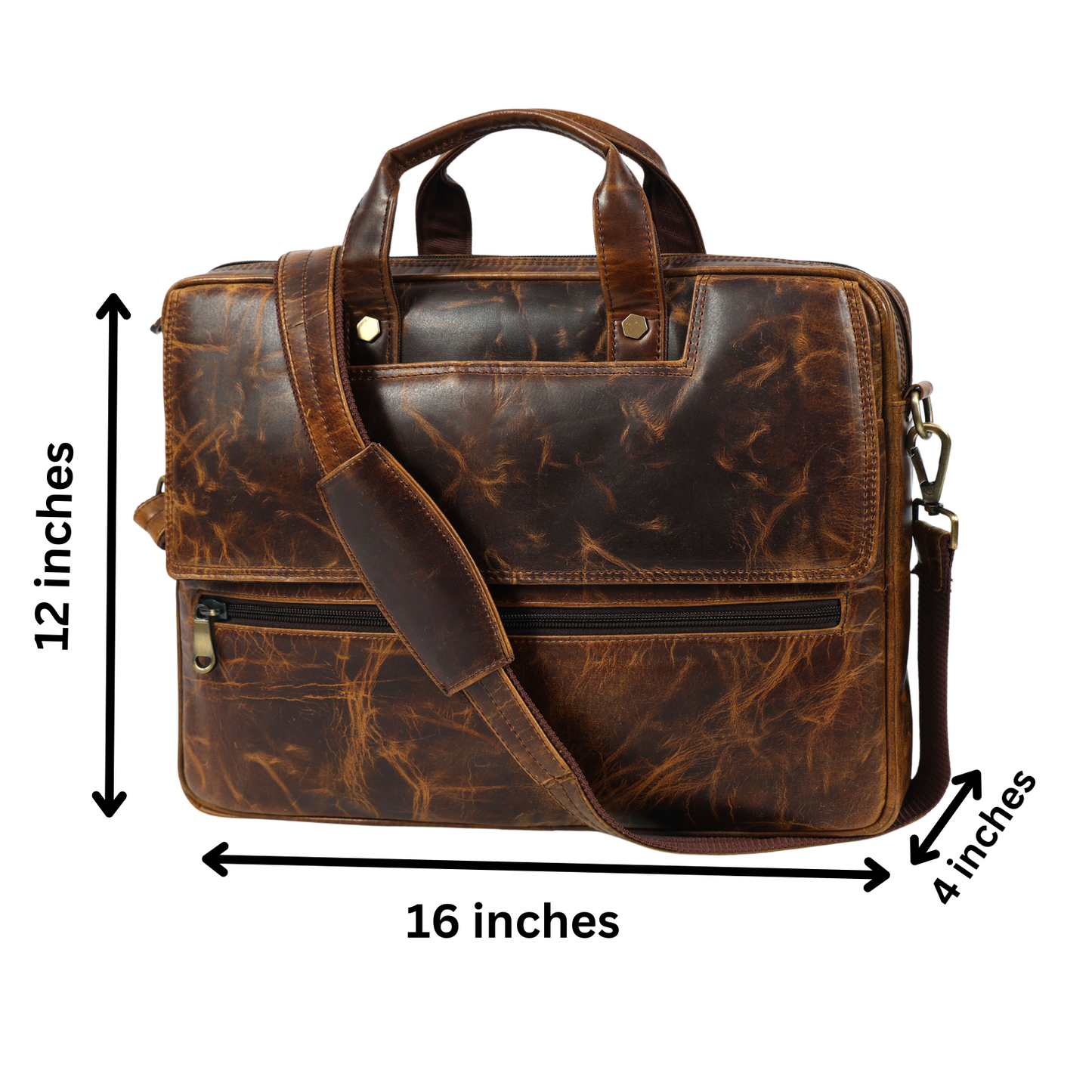 Mens Laptop Bag 16 Inch Vintage Leather, Shoulder Office Crossbody Bag With Ajustable Straps, 3 Zipper Pockets, 1 Flap Pocket, 2 Spacious Compartments.