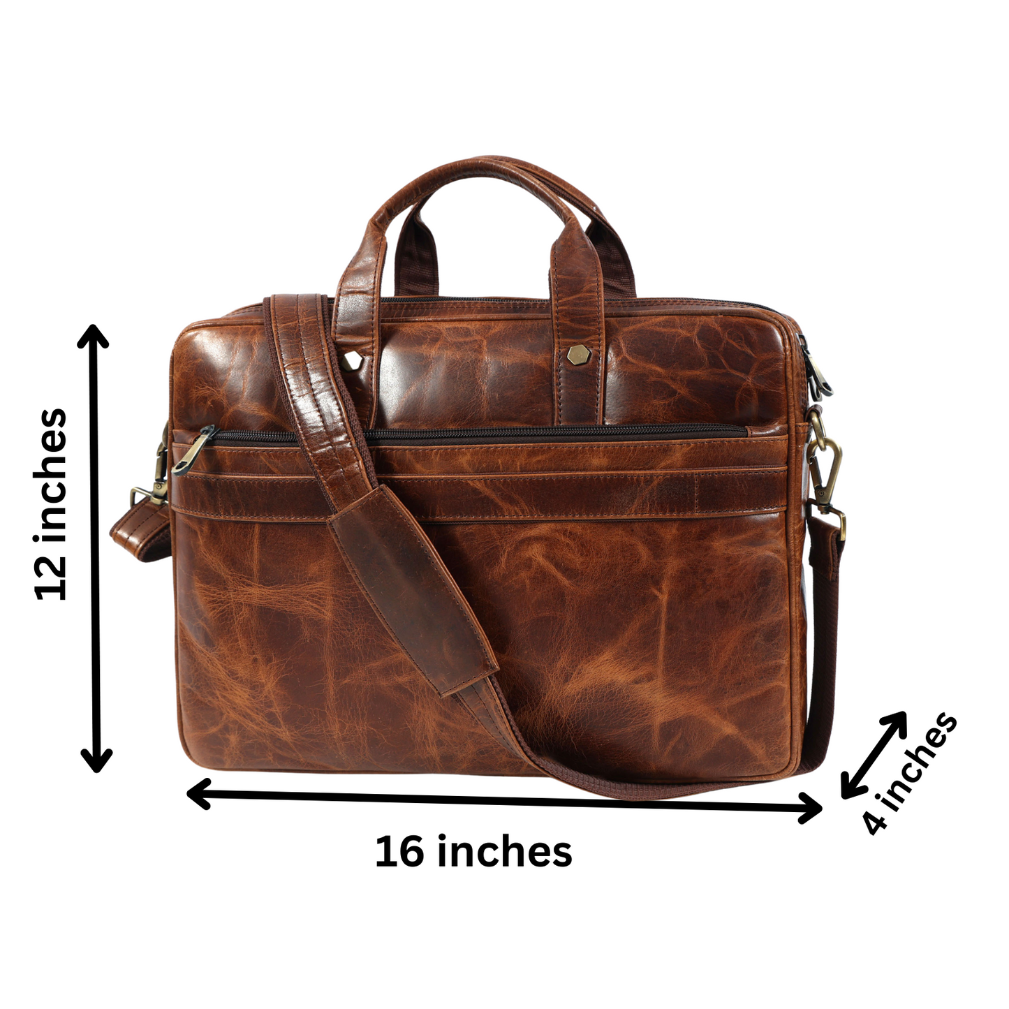 Mens Laptop Bag 16 Inch Vintage Leather, Shoulder Office Crossbody Bag With Ajustable Straps, 3 Zipper Pockets, 1 Flap Pocket, 2 Spacious Compartments.