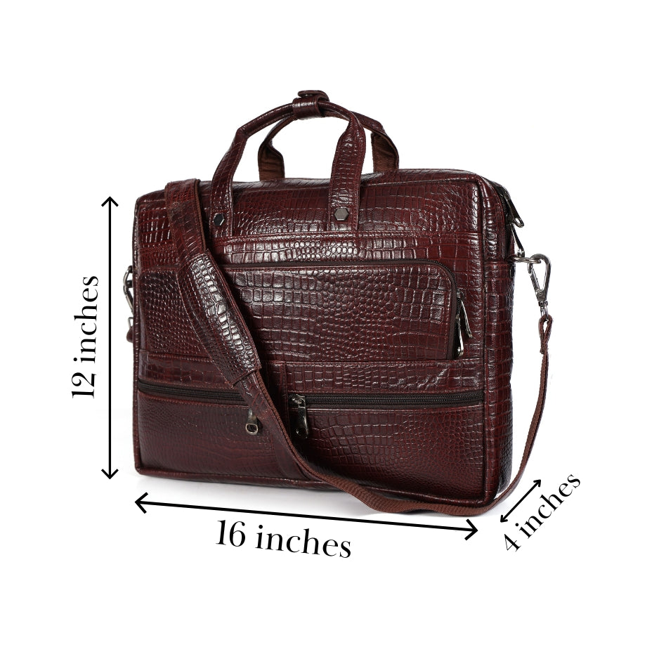 Crocodile Embossed leather bag for men, 5 Zipper Pockets with Spacious Compartments.,12 x 16 x 4 inches.