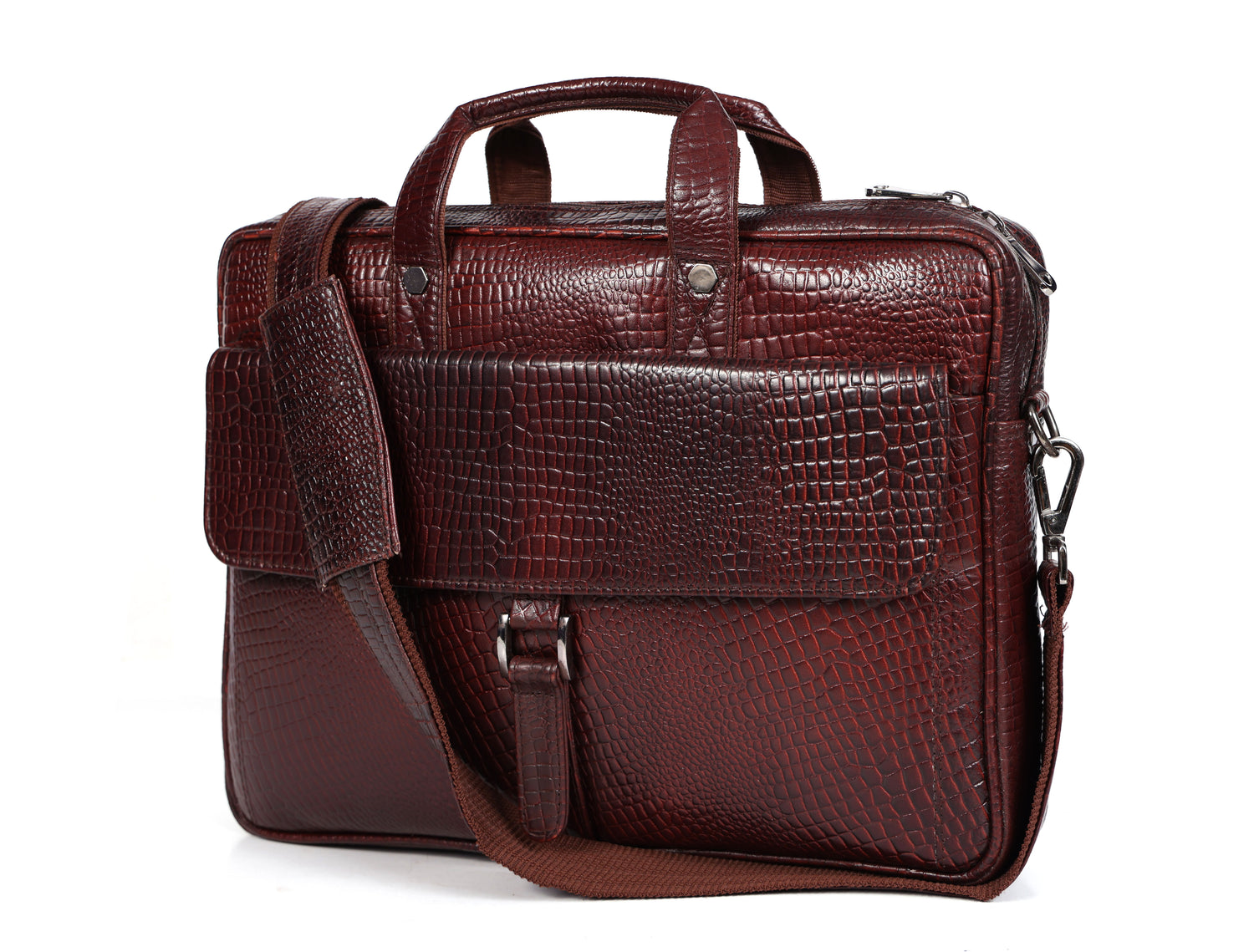 Crocodile Embossed leather bag for men, 5 Zipper Pockets with Spacious Compartments.,12 x 16 x 4 inches.