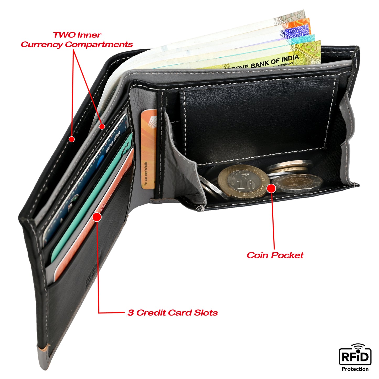 Bifold Leather Wallet For Men With RFID, 2 inner Cash Compartments, 3 Credit Card Slots with Coin pocket, 12.5x10.x3 cm (Black)