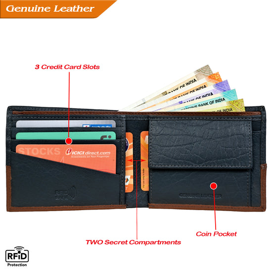 Bifold Leather Wallet For Men With RFID, 2 inner Cash Compartments, 3 Credit Card Slots with Coin pocket, 12.5x10.x3 cm (Blue)
