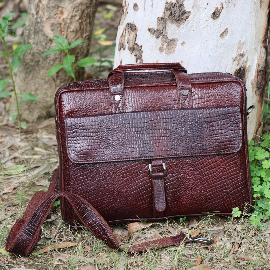 Crocodile Embossed leather bag for men, 5 Zipper Pockets with Spacious Compartments.,12 x 16 x 4 inches.