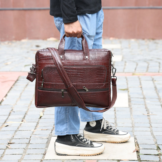 Crocodile Embossed leather bag for men, 5 Zipper Pockets with Spacious Compartments.,12 x 16 x 4 inches.