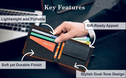 Bifold Leather Wallet For Men With RFID, 2 inner Cash Compartments, 3 Credit Card Slots with Coin pocket, 12.5x10.x3 cm (Blue)